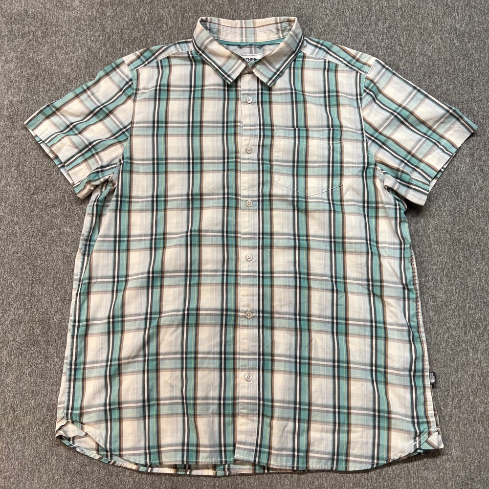 The North Face Mens Plaid Short Sleeve Button Down Shirt Teal Brown XL 146